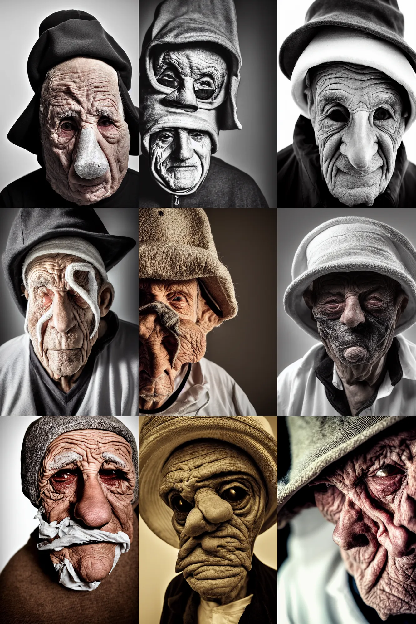 Prompt: high contrast studio close - up portrait of a wrinkled old man wearing a pulcinella mask, clear eyes looking into camera, baggy clothing and hat, backlit, dark mood, nikon, photo by unknown, masterpiece