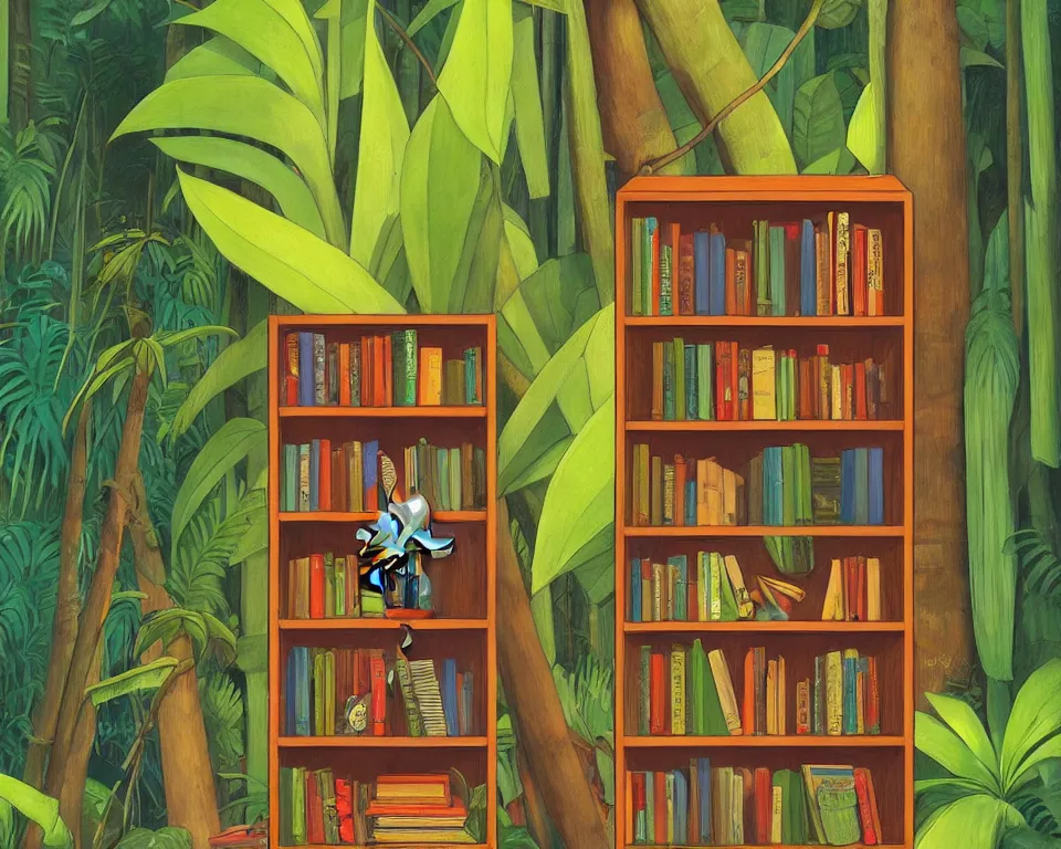 Image similar to one small bookshelf in the rainforest, featuring gavels, by hopper. hyperdetailed, proportional, romantic, enchanting, achingly beautiful, graphic print, trending on artstation, jungle, tropical, foliage