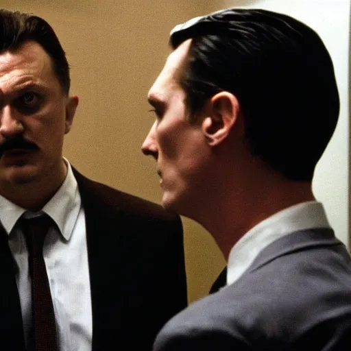 Image similar to Igor Ghirkin Strelkov as The American Psycho doing the Bateman stare, cinematic still