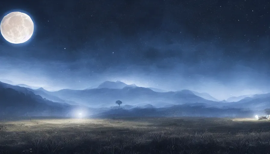 Image similar to a beautiful landscape at night, big moon on the right, stars in the sky, matte painting, dark blue tones, high contrast, intricate details, concept art, 4 k