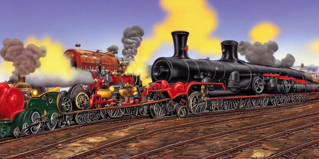 Image similar to steam locomotives drag racing side by side, smoky and steamy air, carl barks style