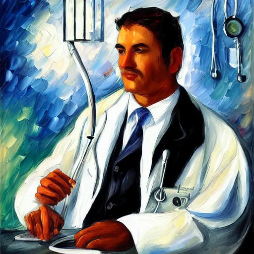 Prompt: painting of a black and white cat as a surgeon doctor by Leonid Afremov, lab coat, stethoscope