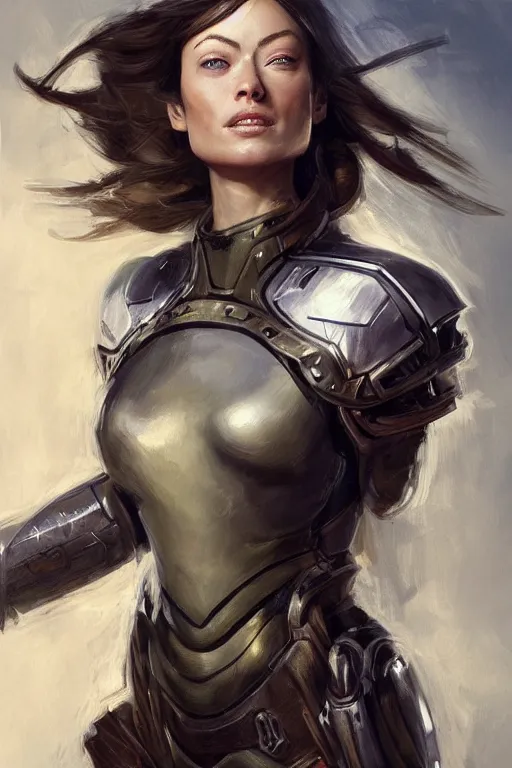 Image similar to a professional painting of a young Olivia Wilde, clothes in military armor, olive skin, long dark hair, beautiful bone structure, symmetrical facial features, intricate, elegant, digital painting, concept art, smooth, sharp focus, illustration, from StarCraft by Ruan Jia and Mandy Jurgens and Artgerm and William-Adolphe Bouguerea