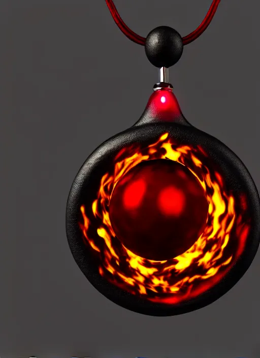 Image similar to rpg item, a black necklace with a bright red diamond in flames, Unreal 5, DAZ, hyperrealistic, rpg style, octane render, dynamic lighting