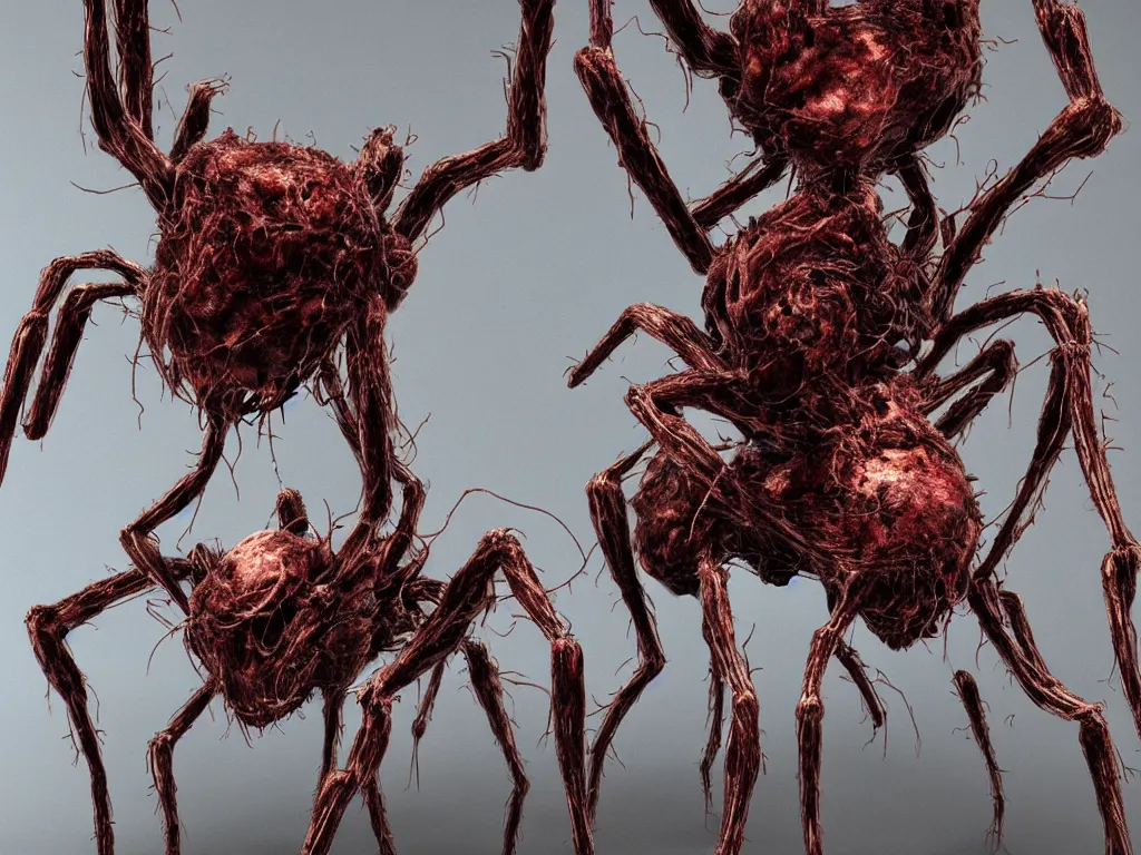 Prompt: Techno-biological iron-meat cat spider. Consisting of tumors, fur, veins, guts, long spider paws, kidneys, wires, shafts. The head is made of mechanisms and a fanged maw. Bodyhorror, biopunk, extremely high detail, ultra realistic, photorealism, concept art, octane render, view from a distance, 8k, 16k