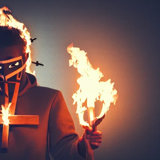 Image similar to A photo of a man wearing a mask holding a cross on fire in the night, 8K concept art, detailed, vintage camera