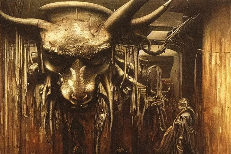 Prompt: a minotaur in a nightclub, by giger and beksinski