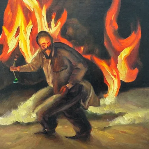 Image similar to a man controlling fire, oil painting