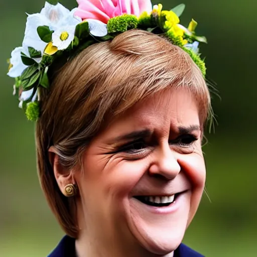 Prompt: nicola sturgeon, happy, with a flower crown