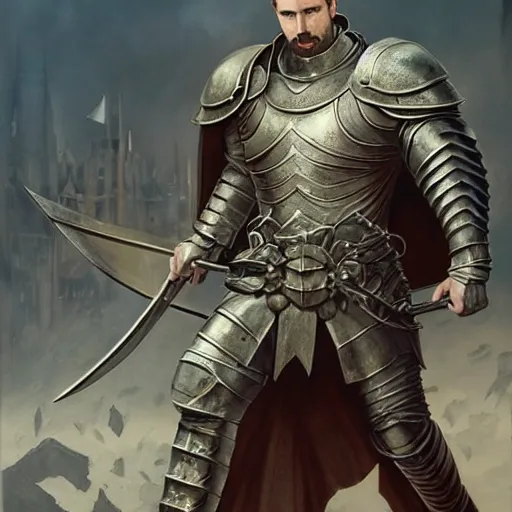 Image similar to half length portrait of chris evans as a martial cleric in plate armor, morningstar, d & d, medieval, fantasy, greg rutkowski, frank frazetta, alexandre chaudret, boris vallejo, michael whelan, miro petrov, hr giger