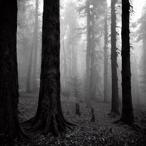 Image similar to misty forest with big black fluffy demon in the center, monochrome lomography