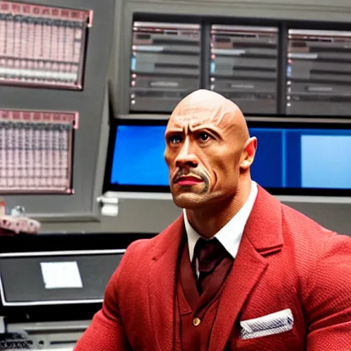 Prompt: The Rock as the Doctor in his burgundy costume in the Tardis secondary control room