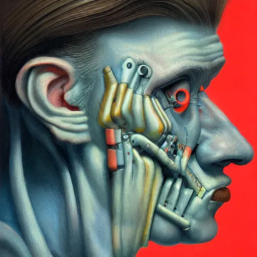 Image similar to portrait half face robot,highly detailed, very coherent, painted by Francis Bacon and Edward Hopper, Wayne Barlowe, painted by James Gilleard, surrealism, airbrush, art by JamesJean