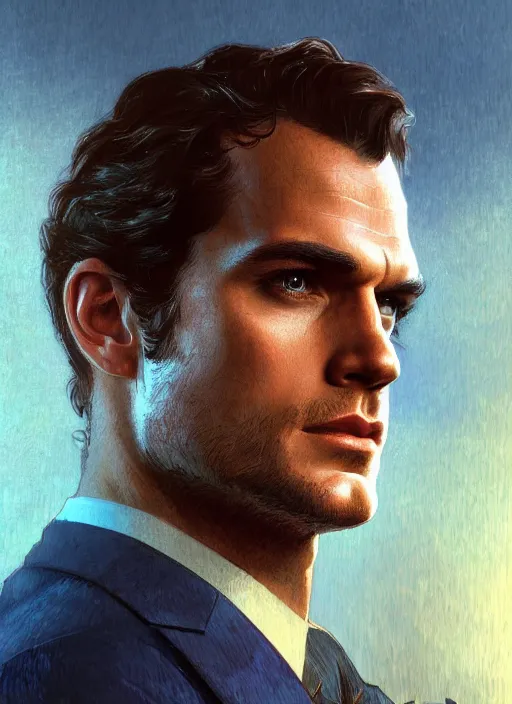 Image similar to portrait of henry cavill as james bond, key art, palm trees, vintage aston martin, highly detailed, digital painting, artstation, concept art, cinematic lighting, sharp focus, illustration, by gaston bussiere alphonse mucha