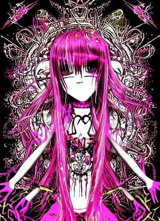 Prompt: spiked bloodmoon goregrind sigil stars draincore, baroque bedazzled gothic royalty frames surrounding a hellfire hexed witchcore aesthetic, dark vhs broken hearts, neon glyphs spiked pixelsort fairy kei decora doll by guro manga artist Shintaro Kago