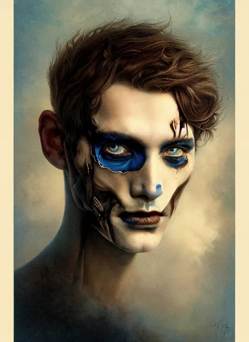 Prompt: an ominous portrait of a burned man with beautiful blue eyes and short brown hair, art by manuel sanjulian and tom bagshaw