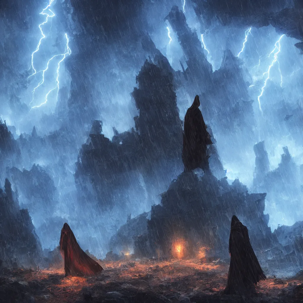 Image similar to a still of a cloaked figure standing in the ruins of crux prime, bree, lantern - lit town, there is lightning, blue fiery maelstrom in the distance, it is raining, digital art, artstationhq