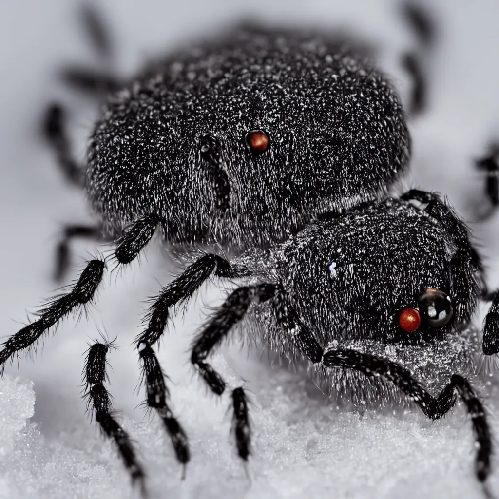 Prompt: one small black spider with big eyes on snow, macro view, frontal view, high detail