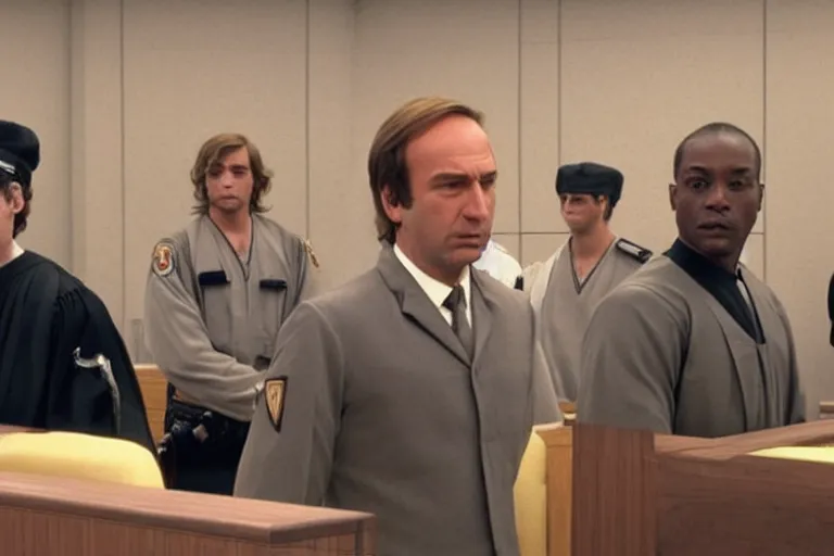 Image similar to saul goodman and anakin skywalker wearing prisoner's uniform in court, court images, 1 0 8 0 p, court archive images