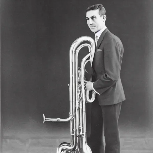 Image similar to a man standing on a stage in a suit and tie with a tuba instead of a head, photograph