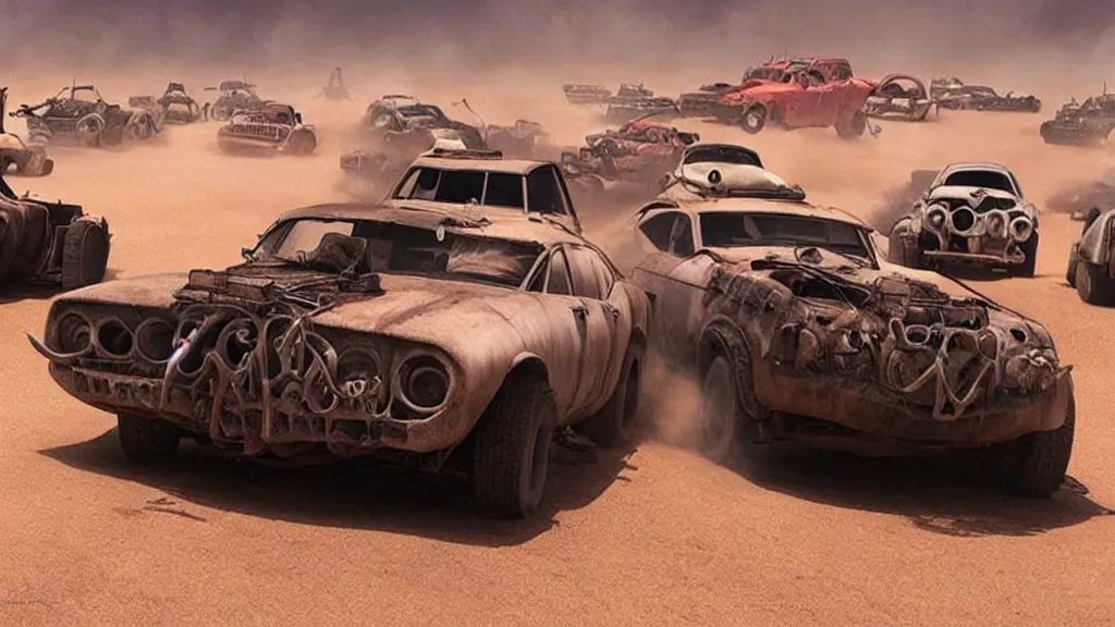 Image similar to mad max cars in a pixar movie