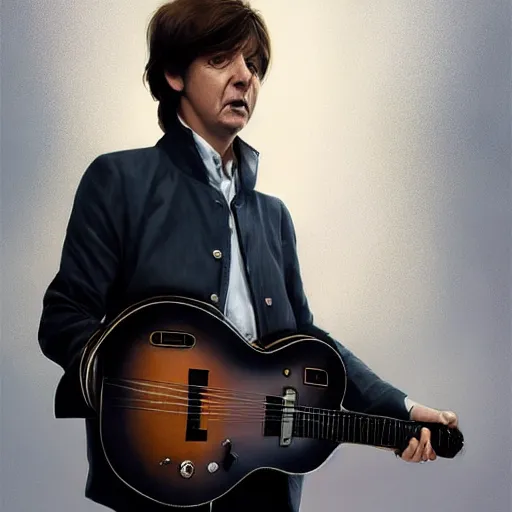 Image similar to Steven Moriseey as Paul McCartney, body portrait, highly detailed, digital painting, artstation, concept art, sharp focus, illustration, art by WLOP and greg rutkowski and alphonse mucha and artgerm