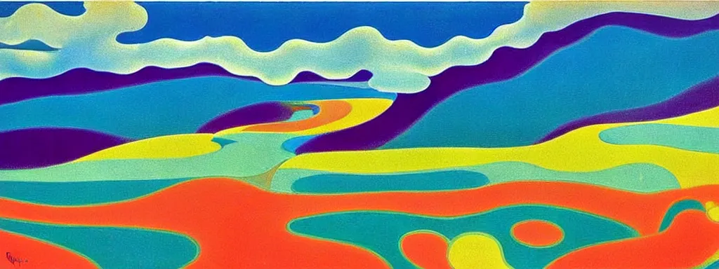 Image similar to Psychedelic sci-fi dreamworld. Landscape painting. Organic. Winding rushing water. Waves. Clouds. Landscape by Wayne Thiebaud. Matisse.