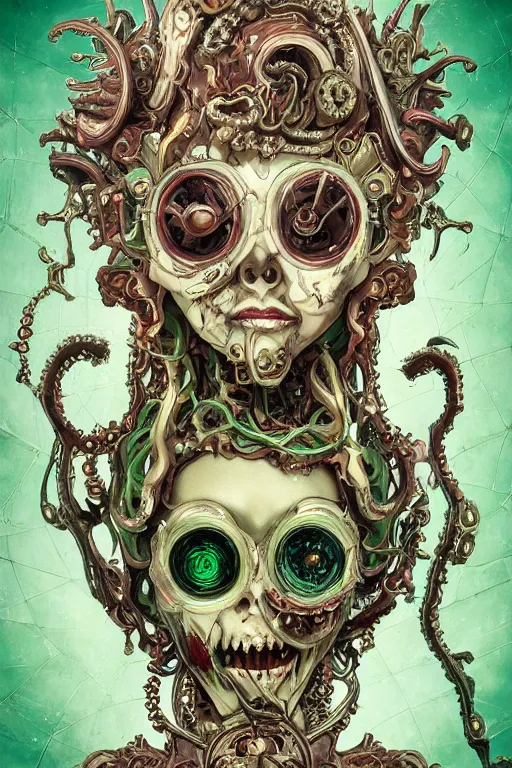 Prompt: rococo upper body portrait sigil with the intent of conquering the world lovecraftian undead zombie queen, green hair, bytian zi and wlop and alphonse mucha biomechanical illuminated text ornaments and gems hdr 8 k 3 d dslr hdr trending on artstation rendered with cryengine