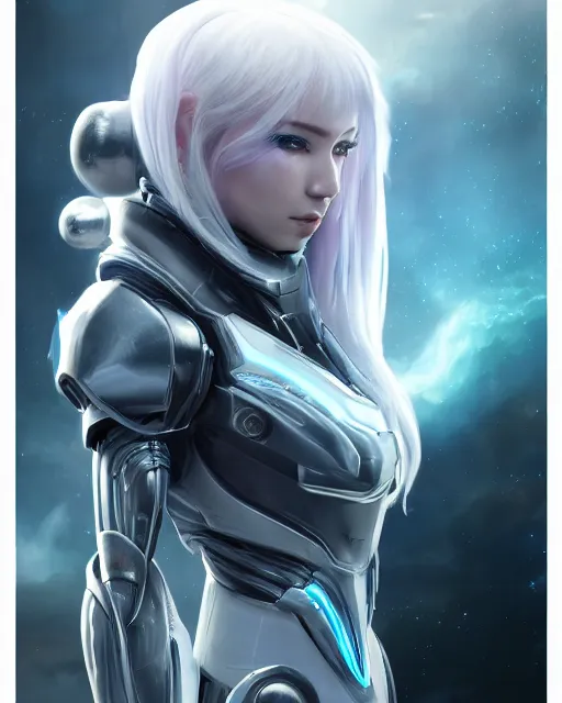 Image similar to perfect android girl on a mothership, warframe armor, beautiful face, scifi, futuristic, galaxy, nebula, raytracing, dreamy, long white hair, blue cyborg eyes, sharp focus, cinematic lighting, highly detailed, artstation, divine, by gauthier leblanc, kazuya takahashi, huifeng huang