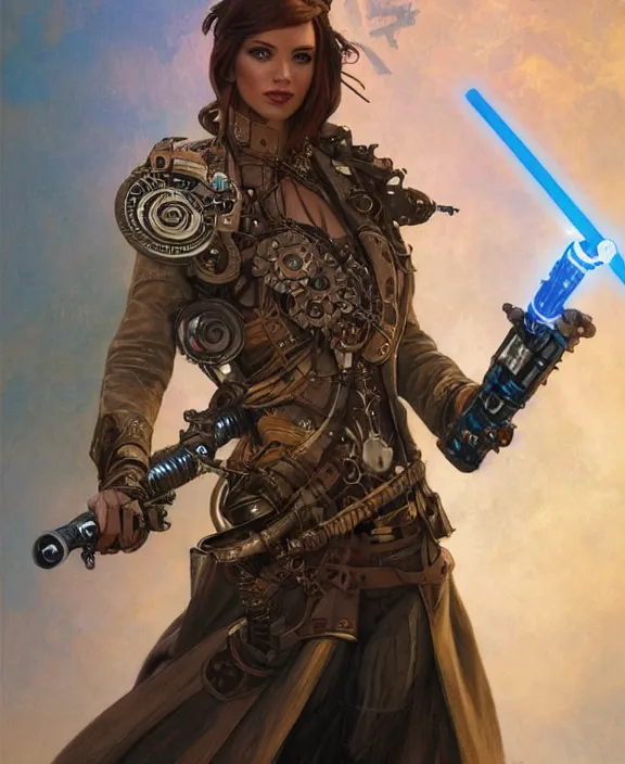 Image similar to a steampunk dieselpunk jedi holding a lightsaber, fantasy, intricate, elegant, highly detailed, colorful, vivid color, digital painting, artstation, concept art, art by artgerm and greg rutkowski and alphonse mucha and ruan jia