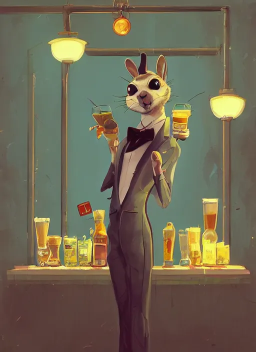 Prompt: squirrel anthro as a dapper bartender with a big, fluffy tail, retro futurism, art deco, detailed, painterly digital art by WLOP and Cory Loftis and Ismail Inceoglu, 🐿🍸🍋, furaffinity, trending on artstation