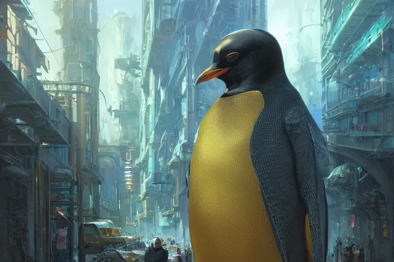 Image similar to A solarpunk very highly detailed Anthropomorphic cybertronic penguin with very highly detailed face on the street of a very highly detailed solarpunk sci-fi city digital rational painting art by Greg Rutkowski, sci-fi highly detailed, digital concept art, Dimensional cyan gold natural light, sharp focus, Golden Ratio illustration, realistic concept art by Stephen Hickman and James Gurney and Hiromasa Ogura Ghost in the Shell rendered in Octane Render, From the distance