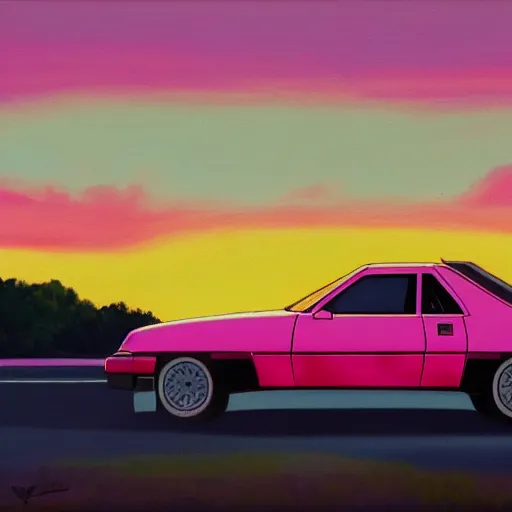 Image similar to an old 1 9 8 0 s car parked off the road, pink sunset, ocean in distance, oil painting, pale colors, high detail, 8 k, wide angle, trending on artstation,