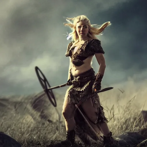 Image similar to a viking goddess on a battlefield who goes to war to recover her throne, several fighters are down, the background is hazy