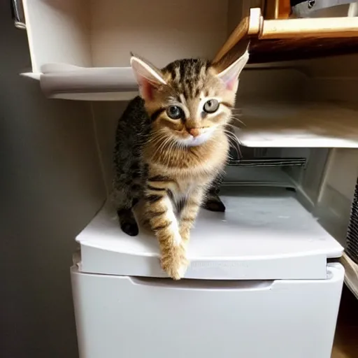 Prompt: a tabby kitten on top of a fridge in the kitchen