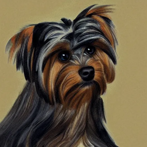 Image similar to professional painting of a Yorkshire Terrier in the style of Thomas Lawrence, head and shoulders portrait, symmetrical facial features, smooth, sharp focus, illustration, intricate, stormy weather, extremely detailed masterpiece,