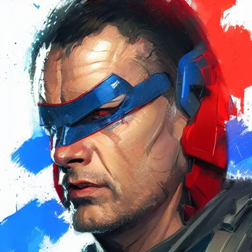 Image similar to portrait of superhero by greg rutkowski, michael biehn wearing a blue and red kevlar gear, highly detailed portrait, digital painting, artstation, concept art, smooth, sharp foccus ilustration, artstation hq