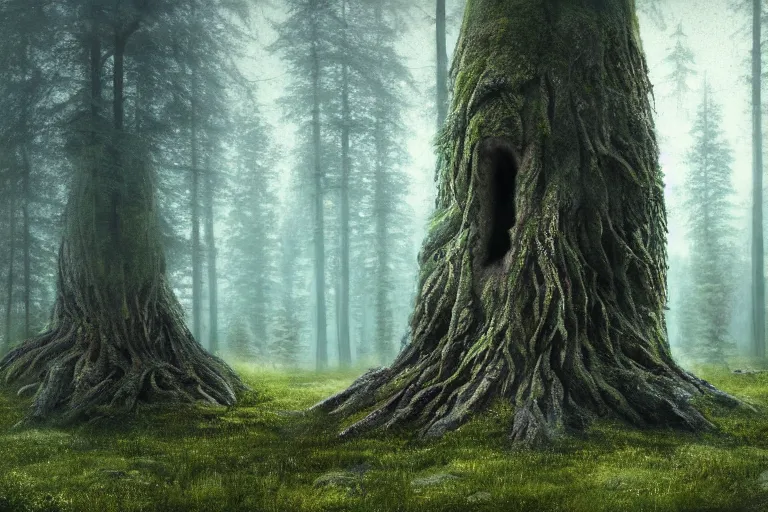 Image similar to ent monster tree in a swedish forest, very low angle photograph, very detailed, trending on artstation, realistic, soft colors, illustration by john bauer, simon stålenhag