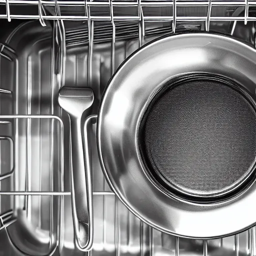 Prompt: photo of an iron skillet inside of a dishwasher, highly detailed, high quality, HD, 4k, 8k, Canon 300mm, professional photographer, 40mp, lifelike, top-rated, award winning, realistic, sharp, no blur, edited, corrected, trending