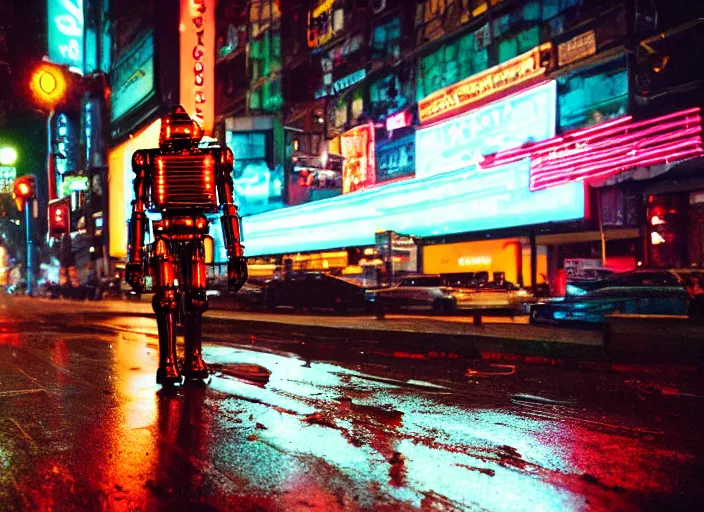 Image similar to a kodachrome photo of a tall huge metallic cyborg droid android with glowing lights, running sprinting on a rainy night in the city in the 1 9 5 0's, seen from a distance, canon 5 0 mm, cinematic lighting, film, photography, award - winning, neon, cyberpunk, blade runner