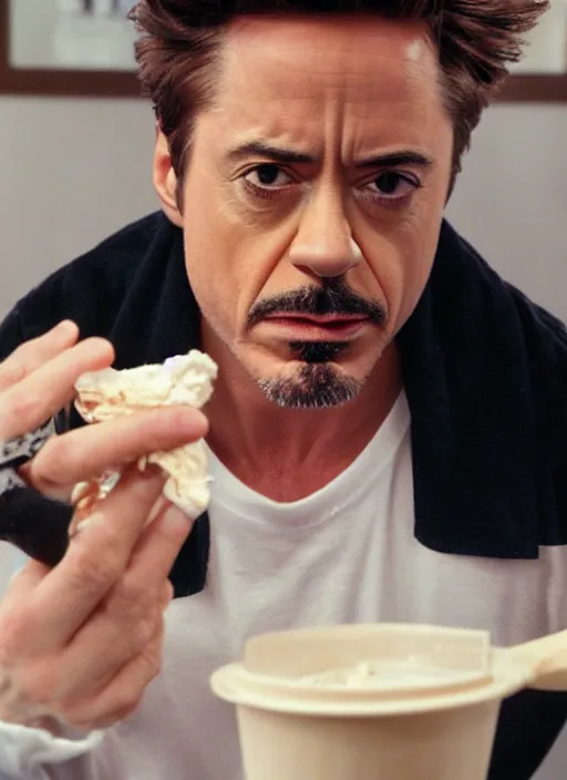 Image similar to a full portrait photo of robert downey jr eating ice cream in movie iron man, f / 2 2, 3 5 mm, 2 7 0 0 k, lighting, perfect faces, award winning photography.