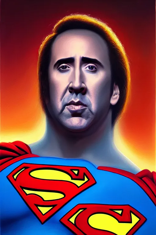 Prompt: portrait of nicolas cage as superman looking away from the camera, intricate, extremely detailed oil painting by simon stalenhag, artstation