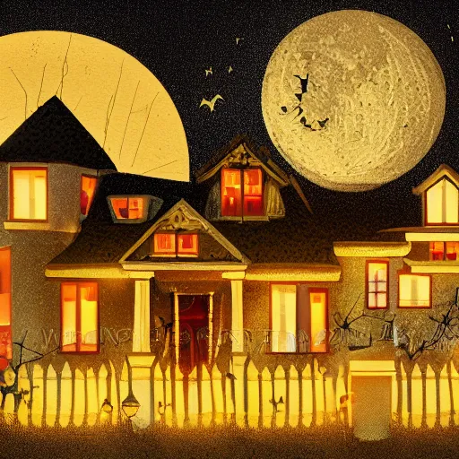 Image similar to digital Illustration of a Halloween house on a round small hill. Glaring lights coming out of the windows. backlit house, moon shining onto the house. Cinematic lighting, movie poster. Award winning digital illustration trending on artstation. art nouveau in the style of Émile Gallé. Very detailed and beautiful digital art