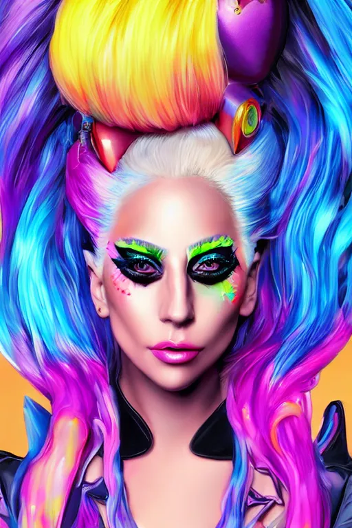 Prompt: beautiful portrait of lady gaga cyberpunk style painted by artgerm and lisa frank, trending on artstation, behance