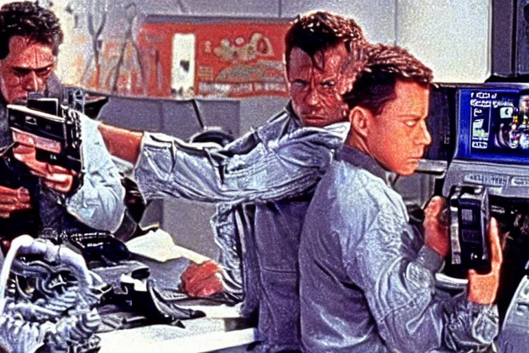 Image similar to Skynet from Terminator is running on gameboy hardware, scene from the Pokemon Terminator Film 1988,