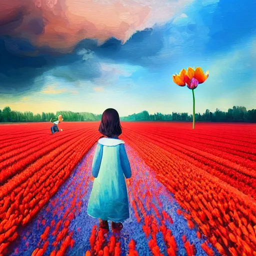 Image similar to dutch girl with singular giant tulip as a head, surreal photography, flower field, sunset dramatic light, impressionist painting, colorful clouds, blue sky, digital painting, artstation, simon stalenhag