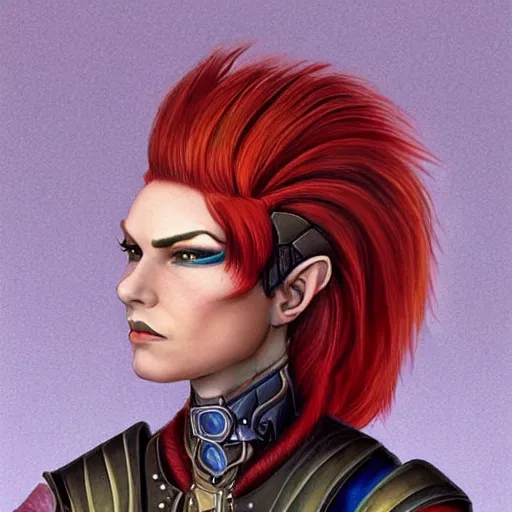 Prompt: D&D portrait female half elf artificer with red hair shaved on the sides, digital illustration by terese nielsen