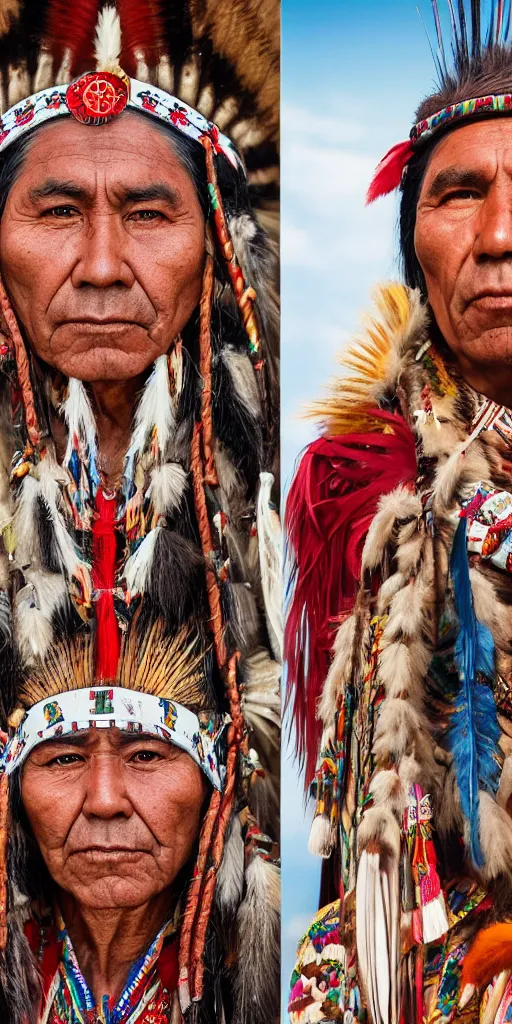 Prompt: portraits of native americans in traditional clothing, hyper realism, high detail, vibrant threads, octane render, 8k