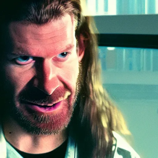 Image similar to a vhs still portrait of aphex twin breaking into the office from a gritty cyberpunk 2 0 0 0 s james cameron movie about spider - man. realism, cinematic lighting, 4 k. 8 mm. grainy. panavision.
