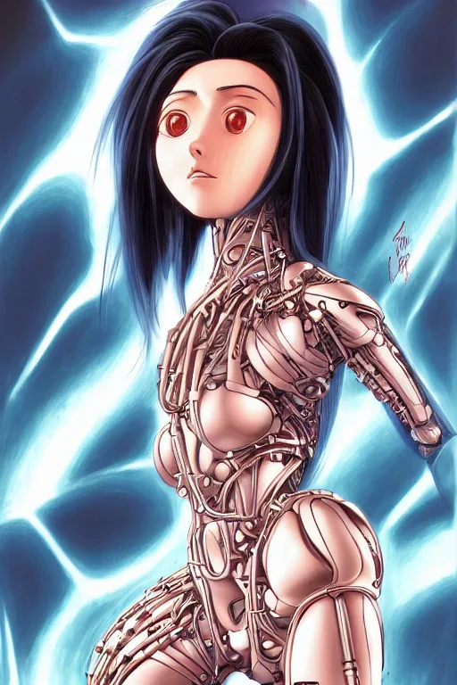 Image similar to portrait of Alita by Yukito Kishiro, biomechanical, hyper detailled, trending on artstation